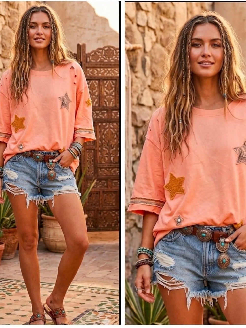 NWT easel Peach Star Appliqué Patchwork Distressed Oversized Sweatshirt sz Small